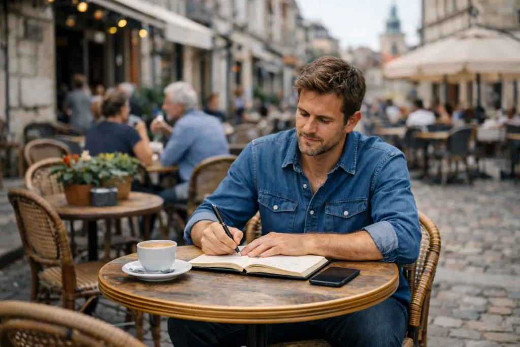A man writes in his journal at a sunlit café, pausing to make sense of where he's been.